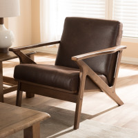 Baxton Studio Bianca-Dark Brown/Walnut Brown-CC Bianca Mid-Century Modern Walnut Wood Dark Brown Distressed Faux Leather Lounge Chair